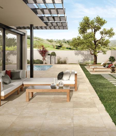 Thick stoneware floor tiles for gardens and terraces