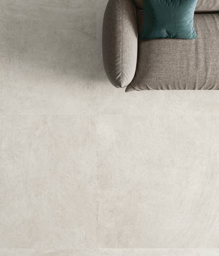 Indoor tiles in concrete-effect stoneware