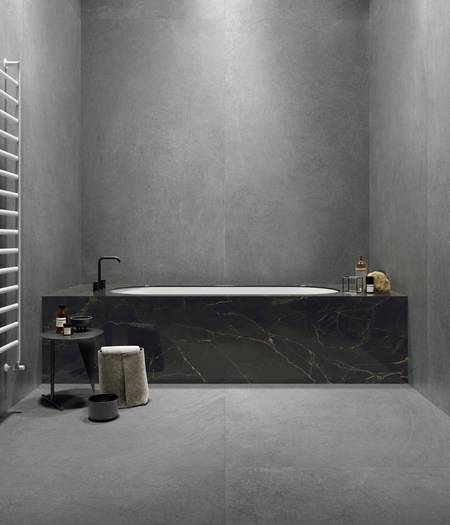 Indoor tiles in concrete-effect stoneware