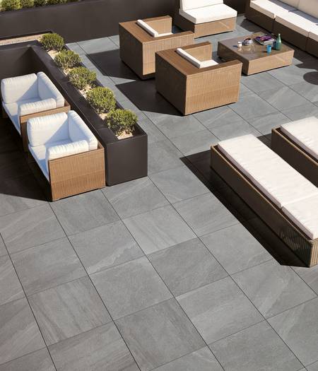 Stone effect thick stoneware slabs for outdoor use