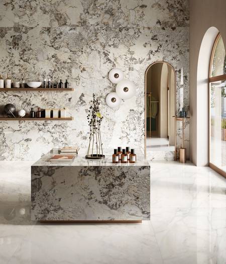 three marble-effect stoneware floors from Asia, South America and Italy.