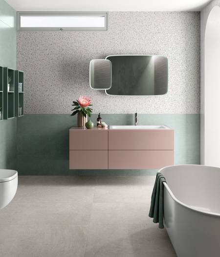 Indoor tiles in concrete-effect stoneware