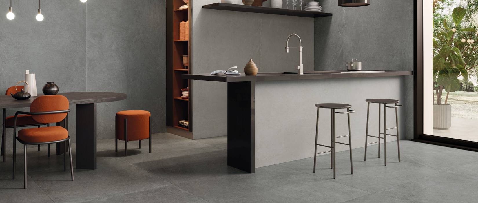 Indoor tiles in concrete-effect stoneware