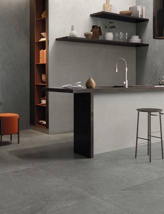 Indoor tiles in concrete-effect stoneware