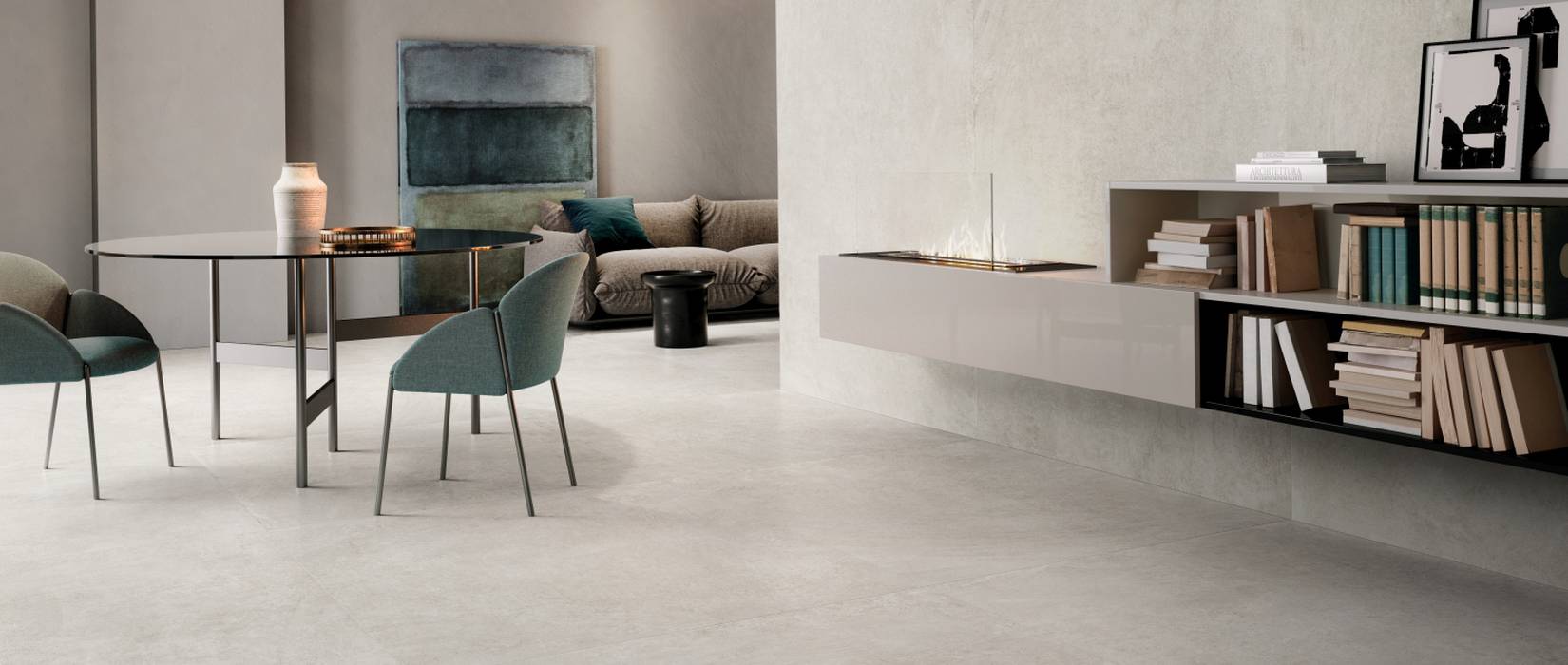 Indoor tiles in concrete-effect stoneware