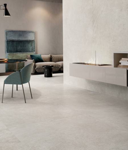 Indoor tiles in concrete-effect stoneware