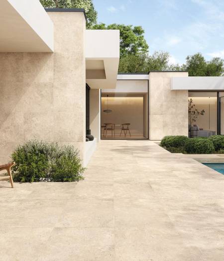20mm thick porcelain stoneware for outdoor travertine effect