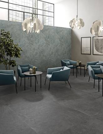 Indoor tiles in concrete-effect stoneware