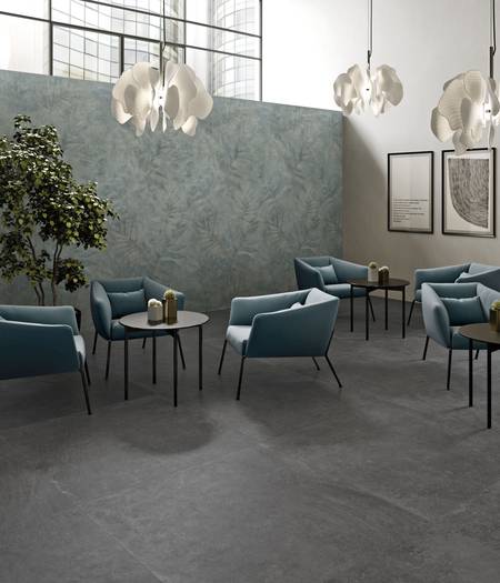 Indoor tiles in concrete-effect stoneware