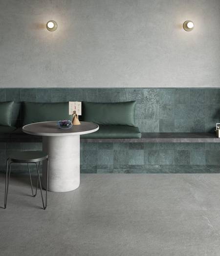 Indoor tiles in concrete-effect stoneware