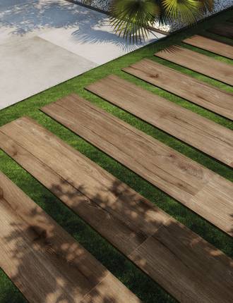 Thick wood effect planks for outdoors