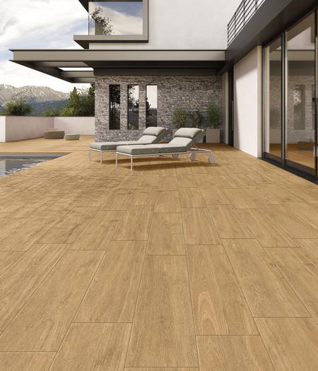 oak wood-effect stoneware flooring for outdoor use