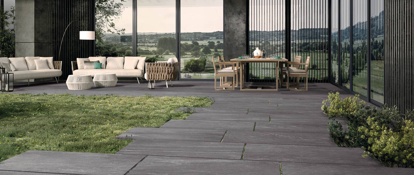 Stone effect tiles for outdoors